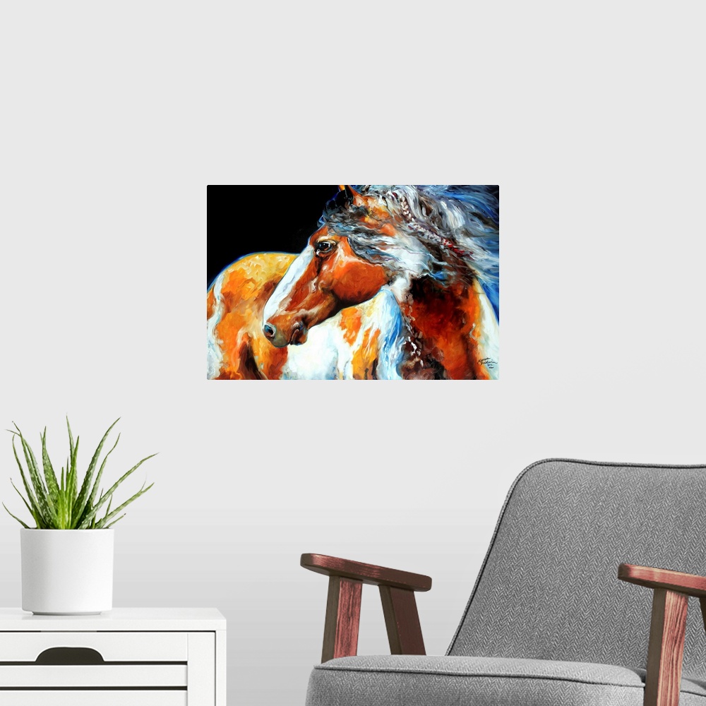 A modern room featuring Contemporary painting of an Indian War Horse with feathers in its mane.