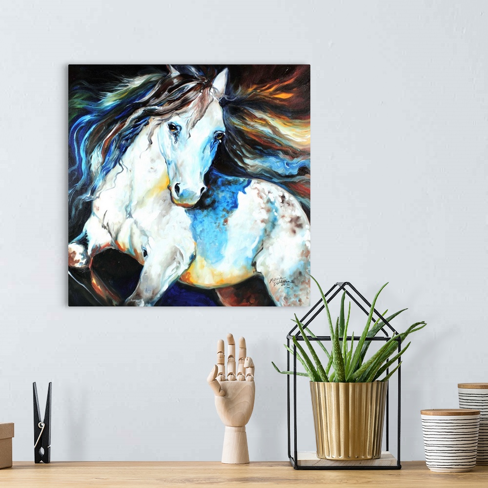 A bohemian room featuring Square painting of an Appaloosa horse in action with a colorful mane.