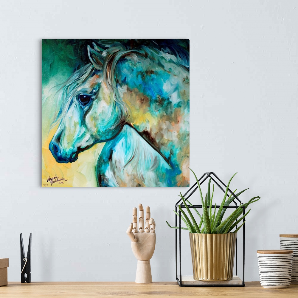 A bohemian room featuring An Arabian Horse Abstract, Late At Night And The Full Moon Casting A Glow On The White Horses.