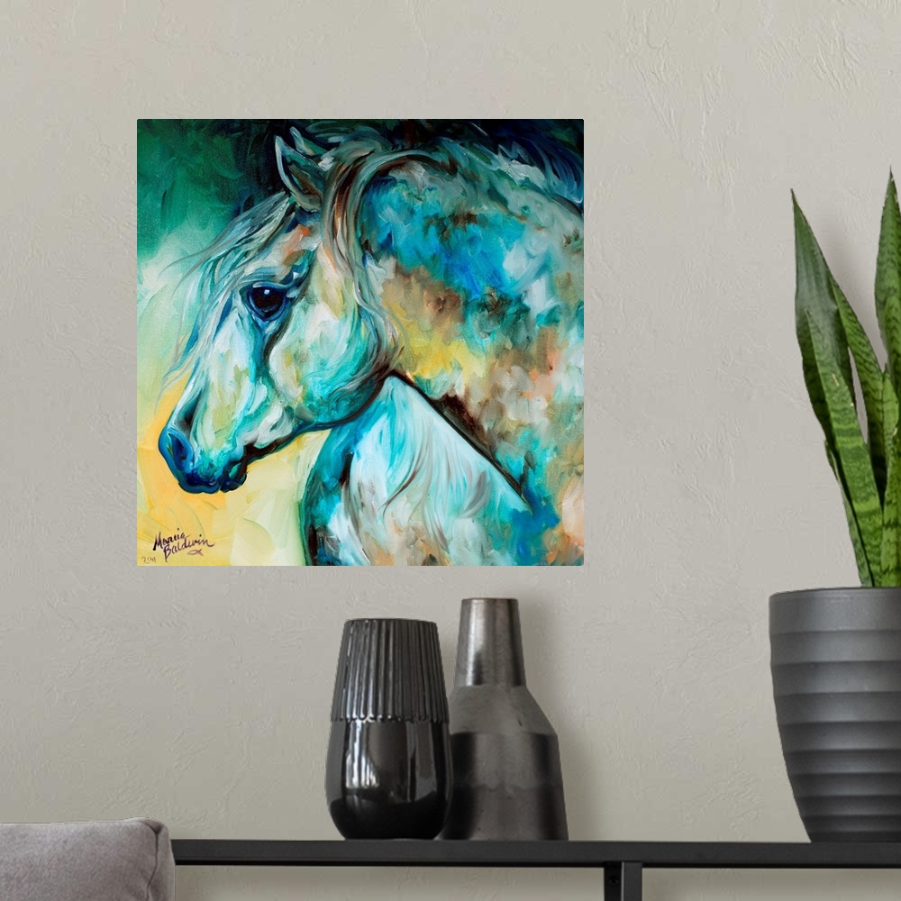 A modern room featuring An Arabian Horse Abstract, Late At Night And The Full Moon Casting A Glow On The White Horses.