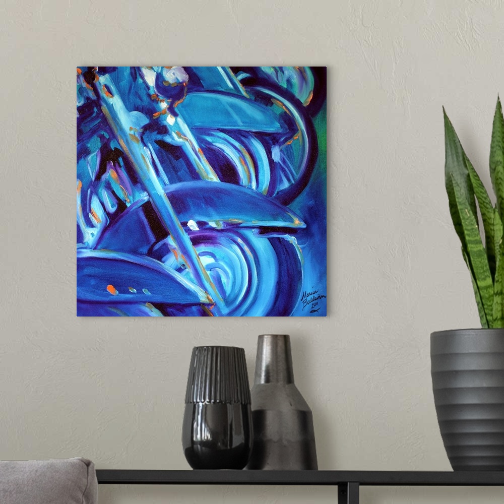 A modern room featuring Square abstract painting in a monochromatic color scheme of motorcycles lined up in a row.