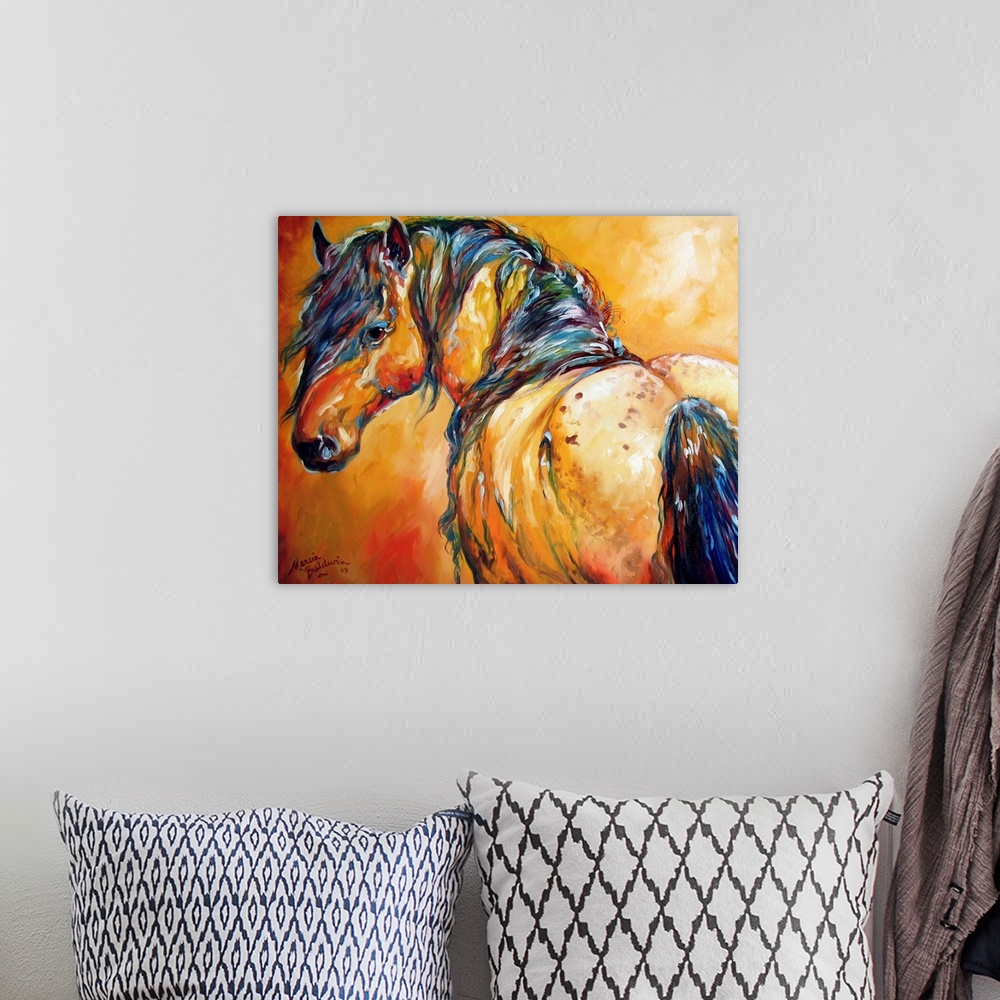 A bohemian room featuring Contemporary painting of horse in warm orange, yellow, and red tones with cool colors in its mane.