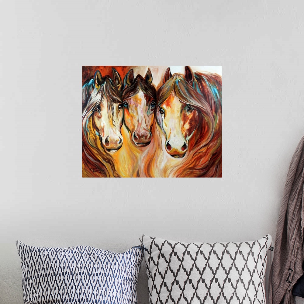 A bohemian room featuring Three Wild Horses Depicting The American Mustang