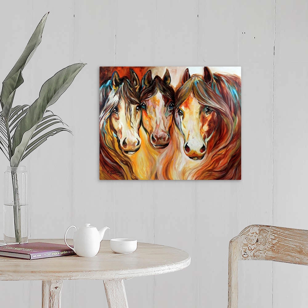 A farmhouse room featuring Three Wild Horses Depicting The American Mustang