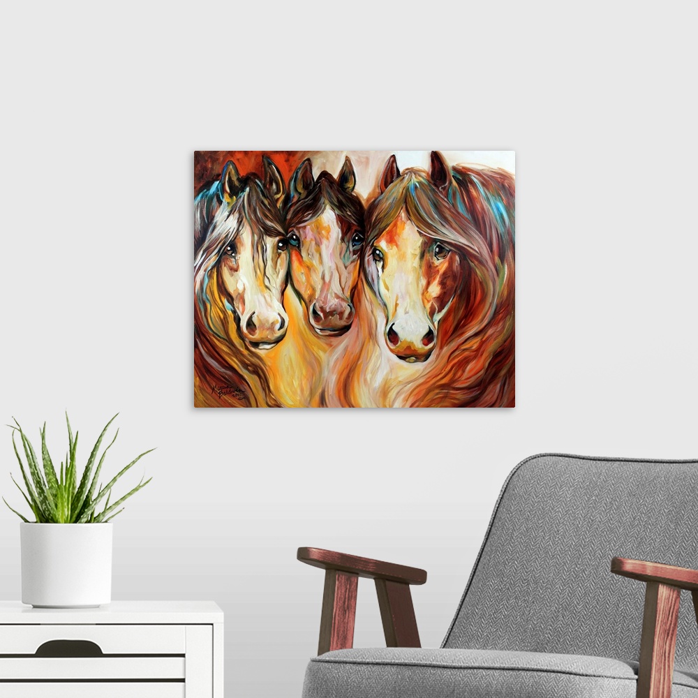 A modern room featuring Three Wild Horses Depicting The American Mustang