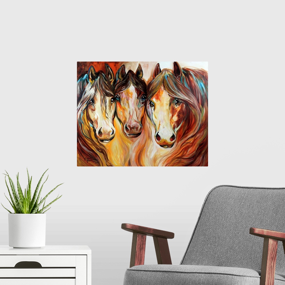 A modern room featuring Three Wild Horses Depicting The American Mustang