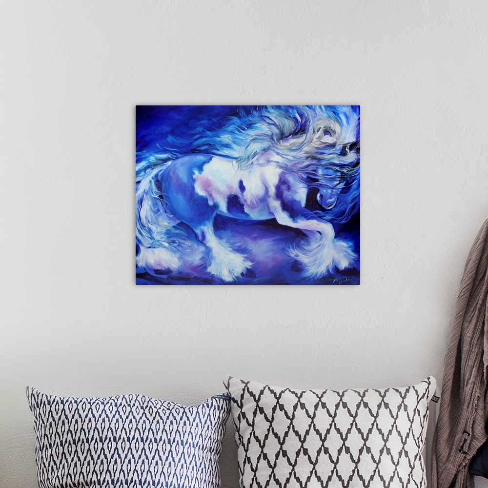 A bohemian room featuring Contemporary painting of a horse in action in cool blue, purple, gray, and white hues.