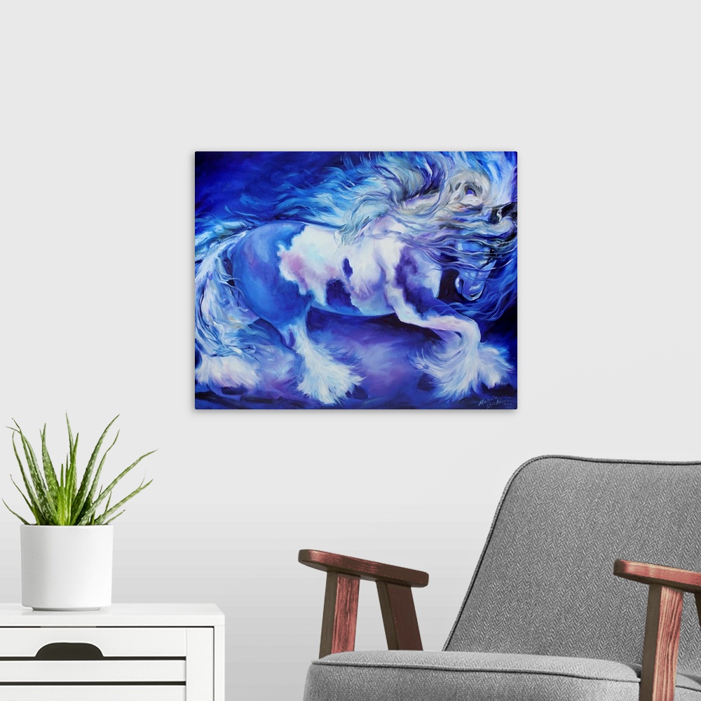 A modern room featuring Contemporary painting of a horse in action in cool blue, purple, gray, and white hues.