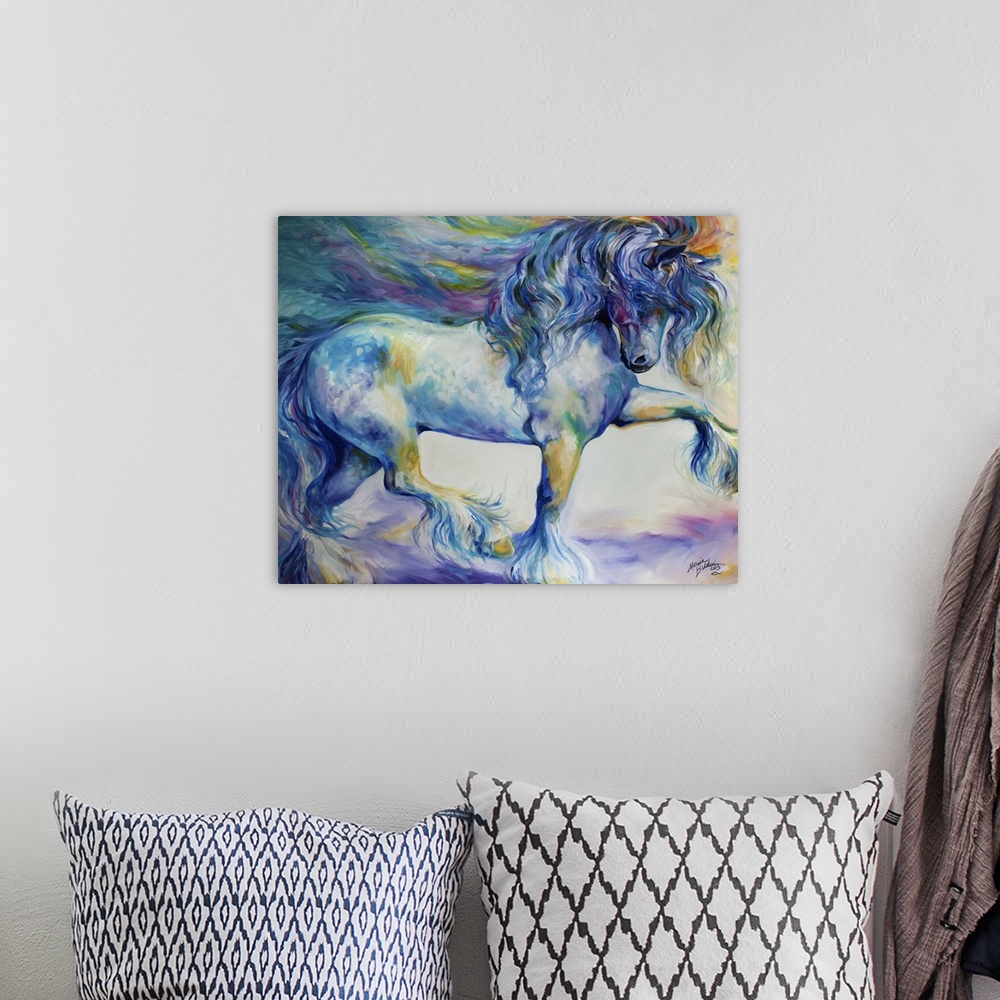 A bohemian room featuring The Gypsy Vanner Horse In Motion With Bold Brush Work And Exciting Color Hues Of Blue And Violet.