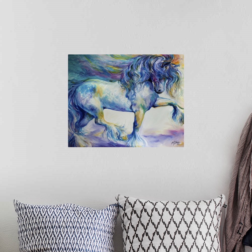 A bohemian room featuring The Gypsy Vanner Horse In Motion With Bold Brush Work And Exciting Color Hues Of Blue And Violet.