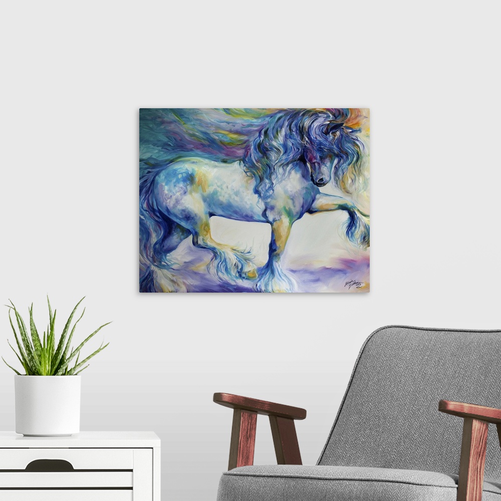 A modern room featuring The Gypsy Vanner Horse In Motion With Bold Brush Work And Exciting Color Hues Of Blue And Violet.