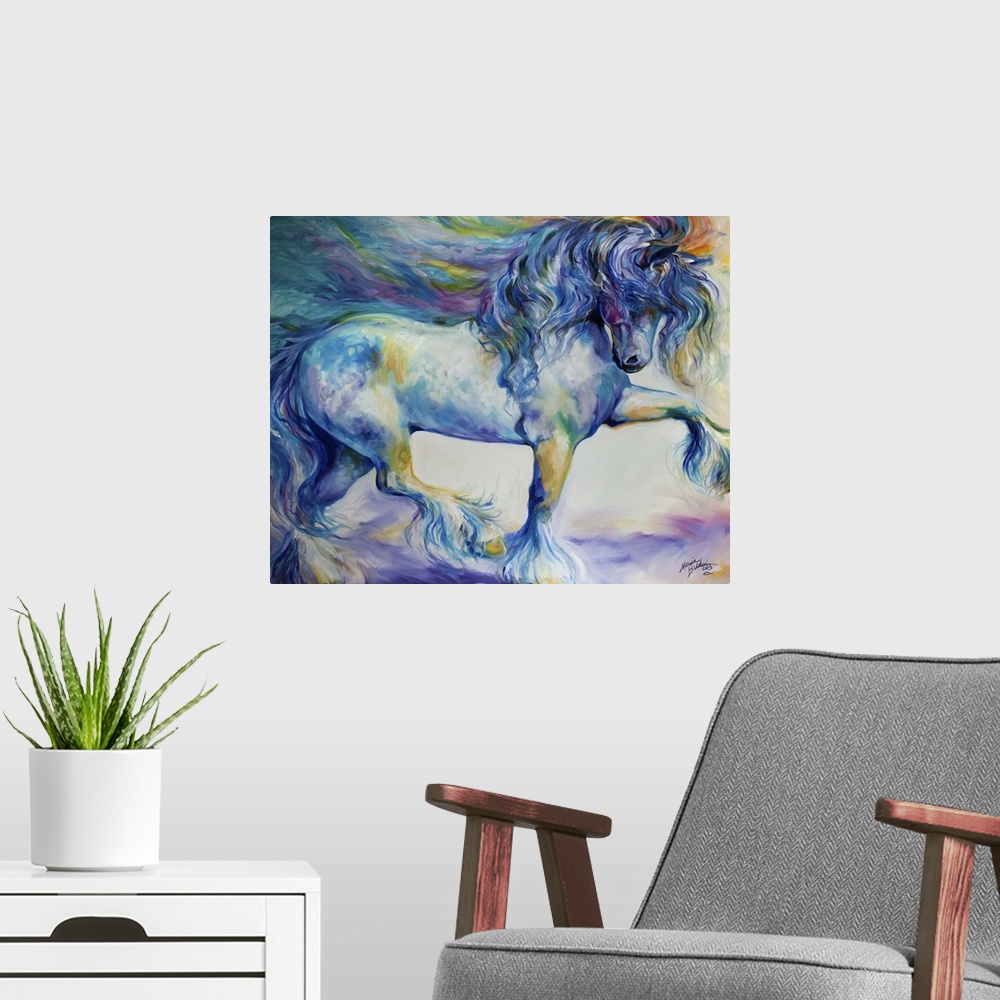 A modern room featuring The Gypsy Vanner Horse In Motion With Bold Brush Work And Exciting Color Hues Of Blue And Violet.