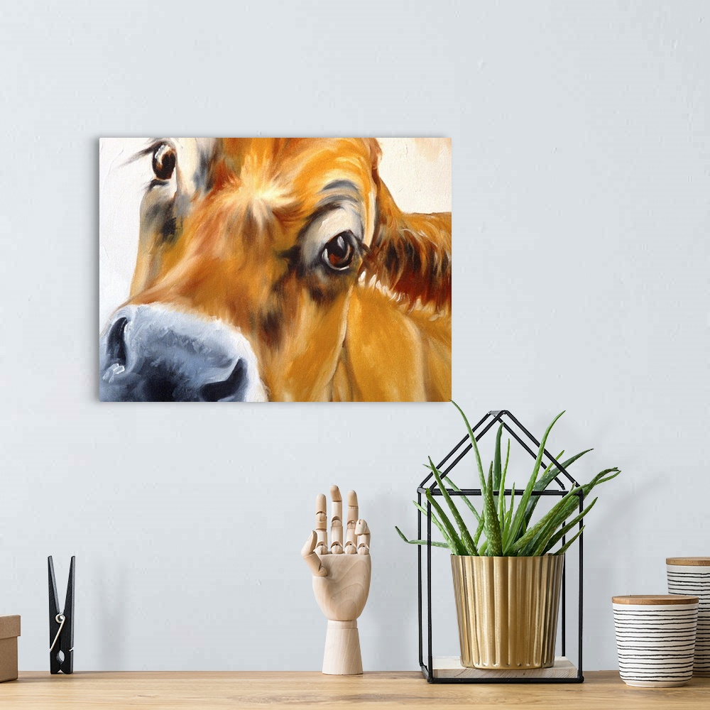A bohemian room featuring Contemporary painting of a jersey cow up close and cute with those adorable eyes.