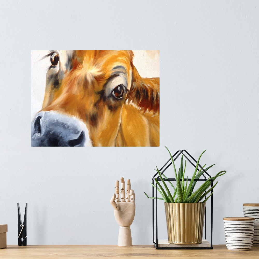 A bohemian room featuring Contemporary painting of a jersey cow up close and cute with those adorable eyes.