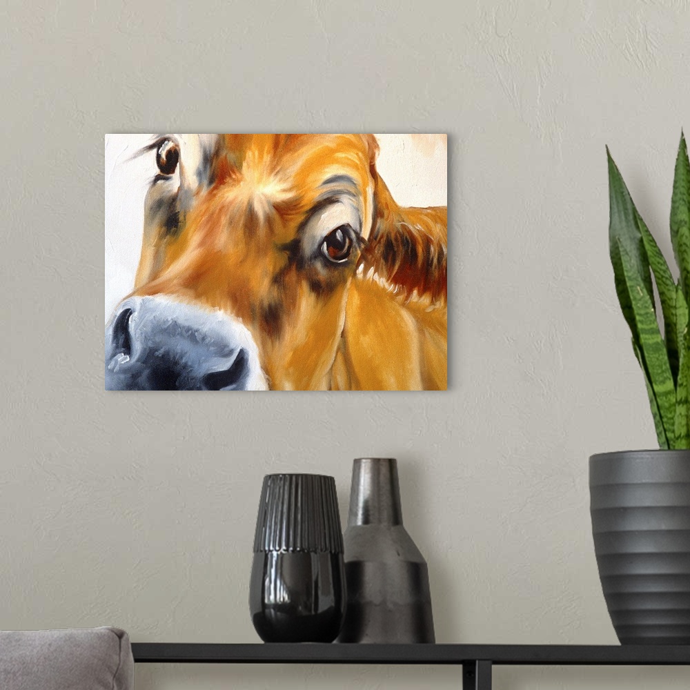 A modern room featuring Contemporary painting of a jersey cow up close and cute with those adorable eyes.