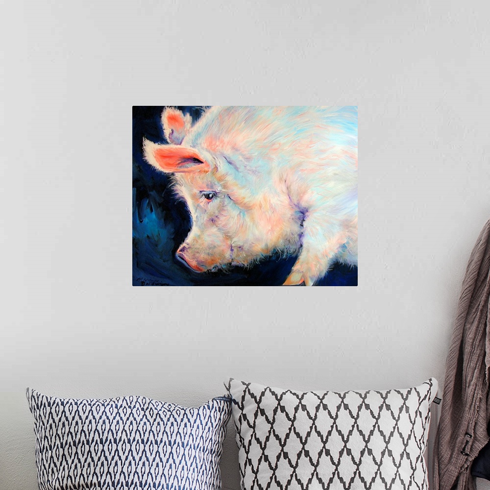 A bohemian room featuring Contemporary painting of a large pink pig with small purple and blue brushstrokes of color on a d...