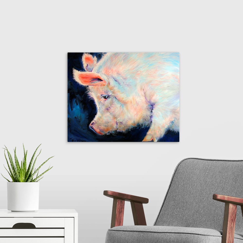 A modern room featuring Contemporary painting of a large pink pig with small purple and blue brushstrokes of color on a d...
