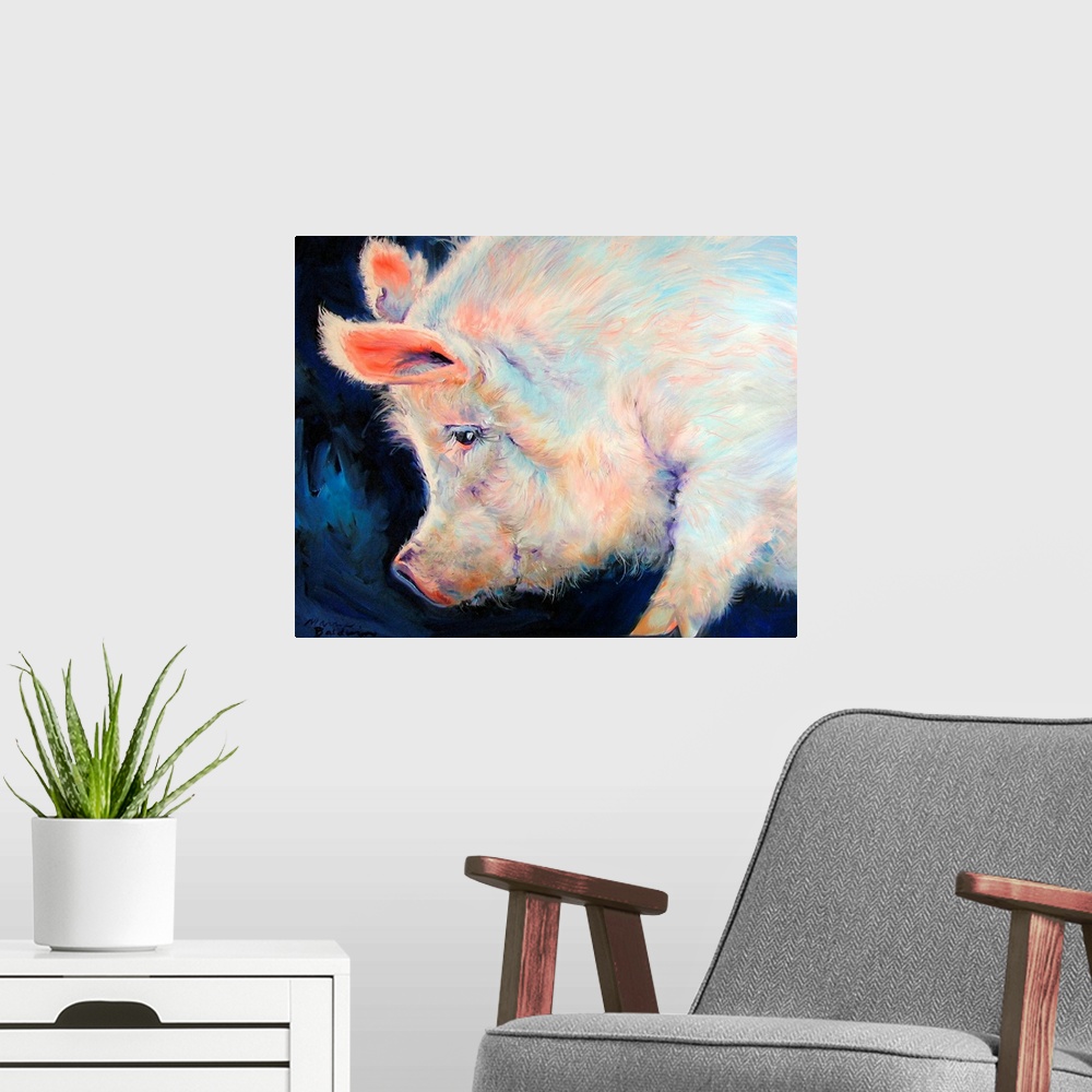 A modern room featuring Contemporary painting of a large pink pig with small purple and blue brushstrokes of color on a d...