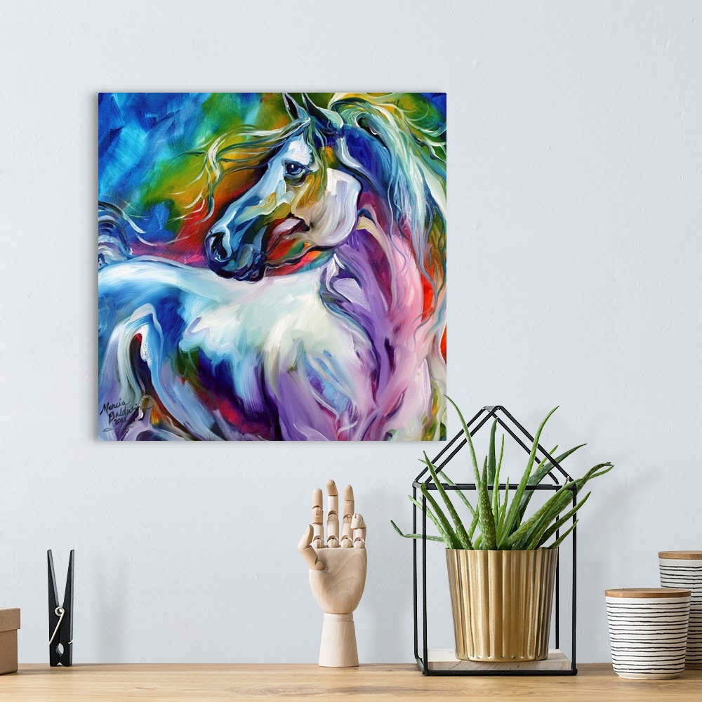 A bohemian room featuring Square painting of a horse made up with rainbow colors.