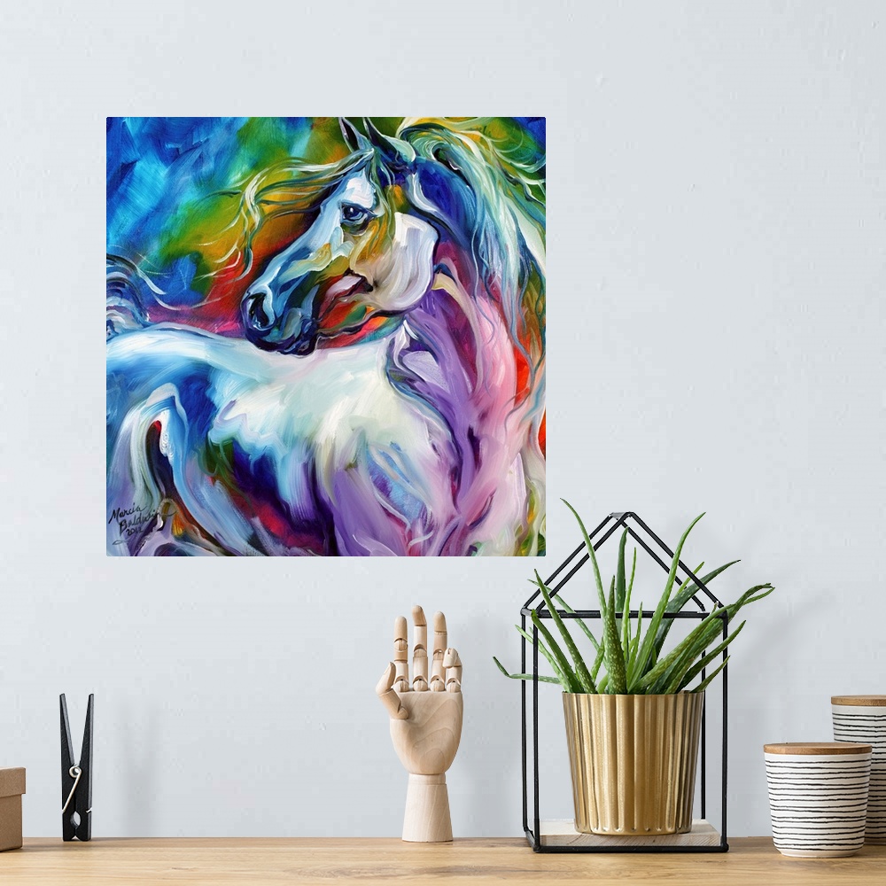 A bohemian room featuring Square painting of a horse made up with rainbow colors.