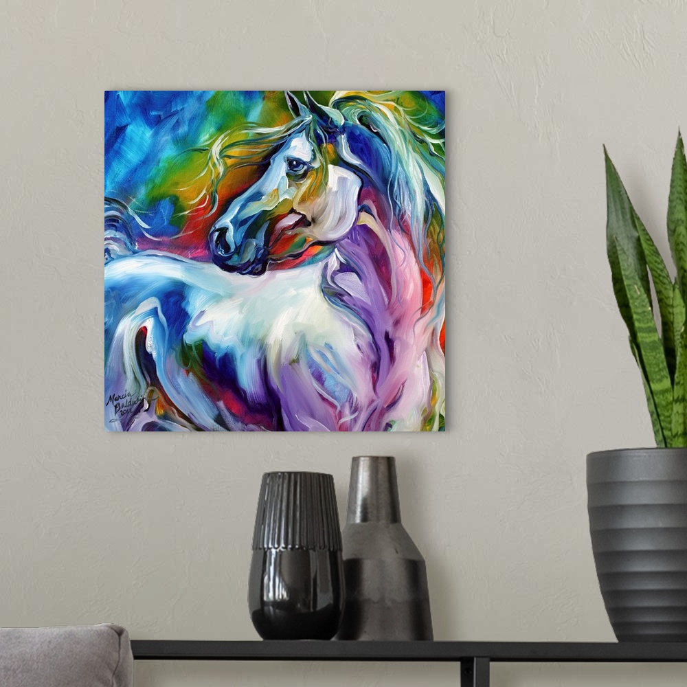 A modern room featuring Square painting of a horse made up with rainbow colors.