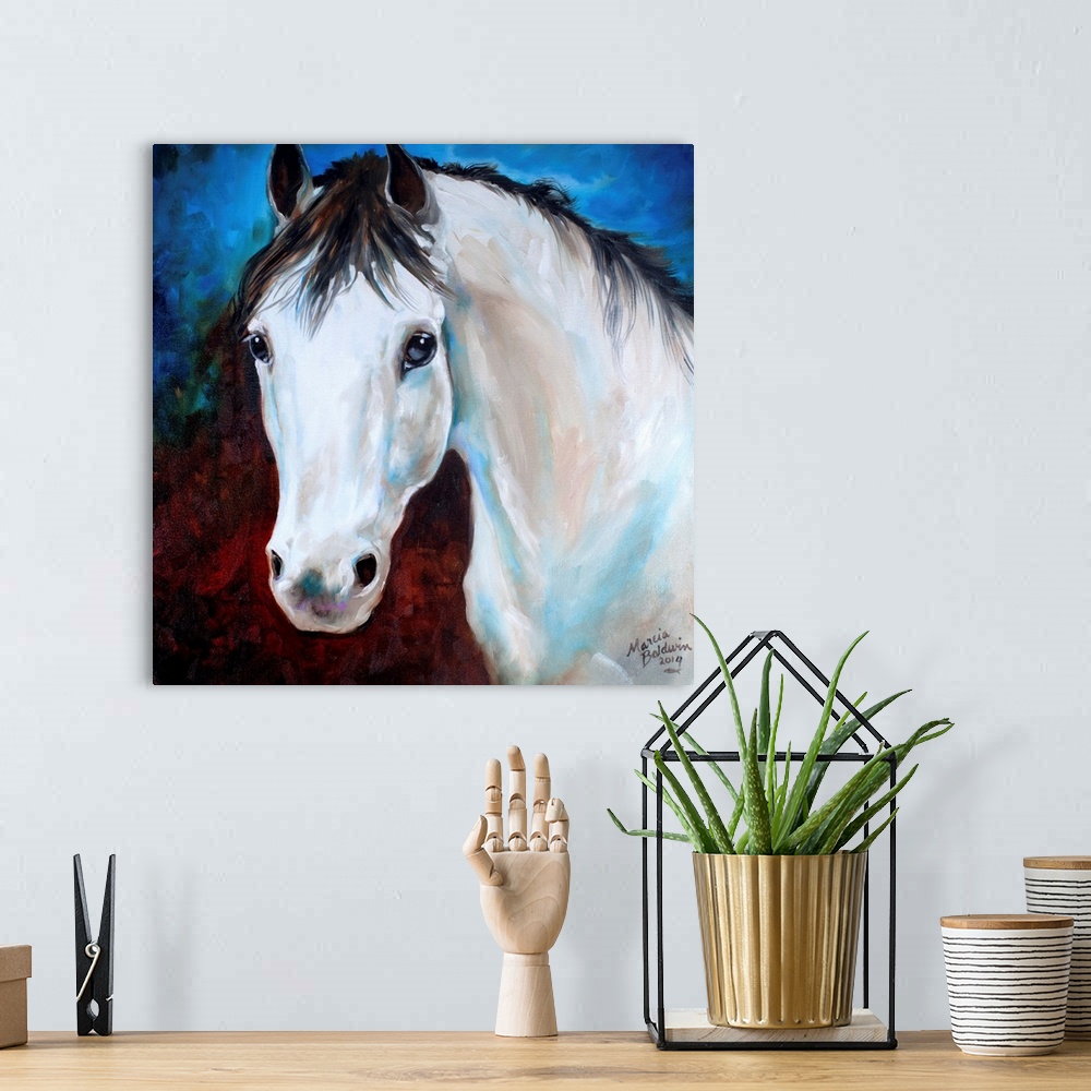 A bohemian room featuring Painting of a white horse with a black mane on a dark red and blue square background.