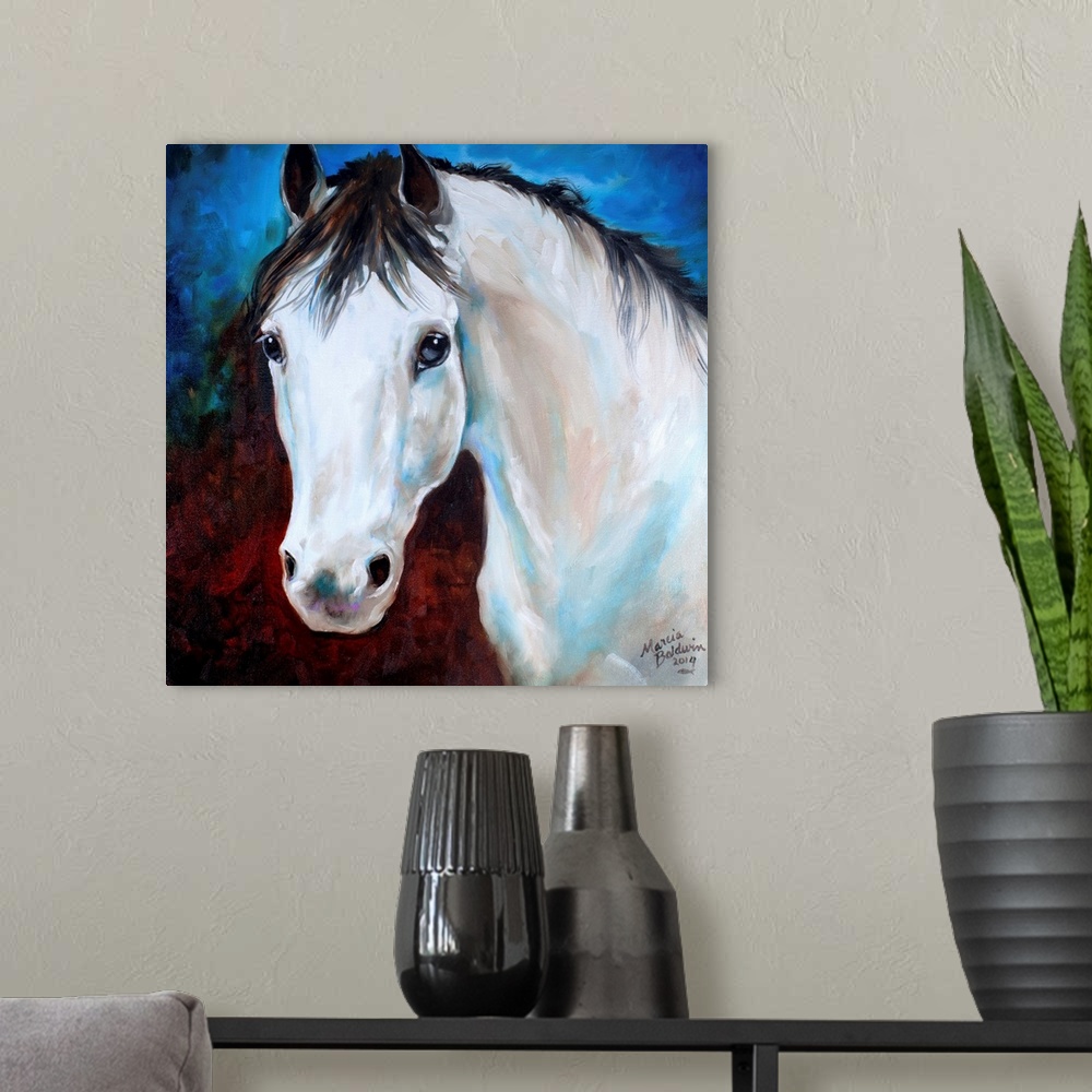 A modern room featuring Painting of a white horse with a black mane on a dark red and blue square background.