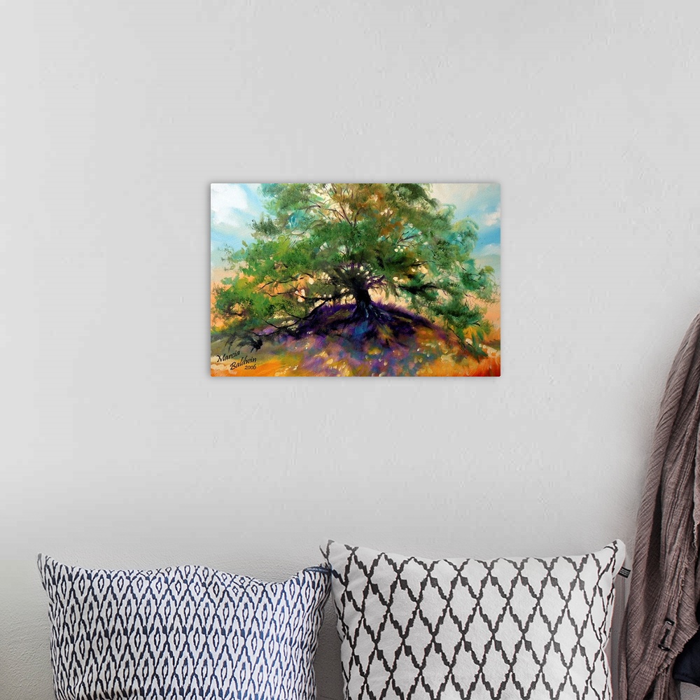 A bohemian room featuring Contemporary painting of a large oak tree with green leaves casting purple and blue shadows on th...