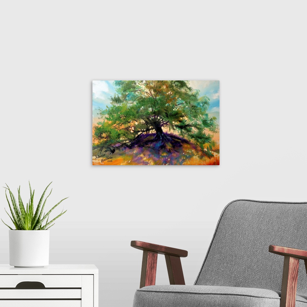 A modern room featuring Contemporary painting of a large oak tree with green leaves casting purple and blue shadows on th...