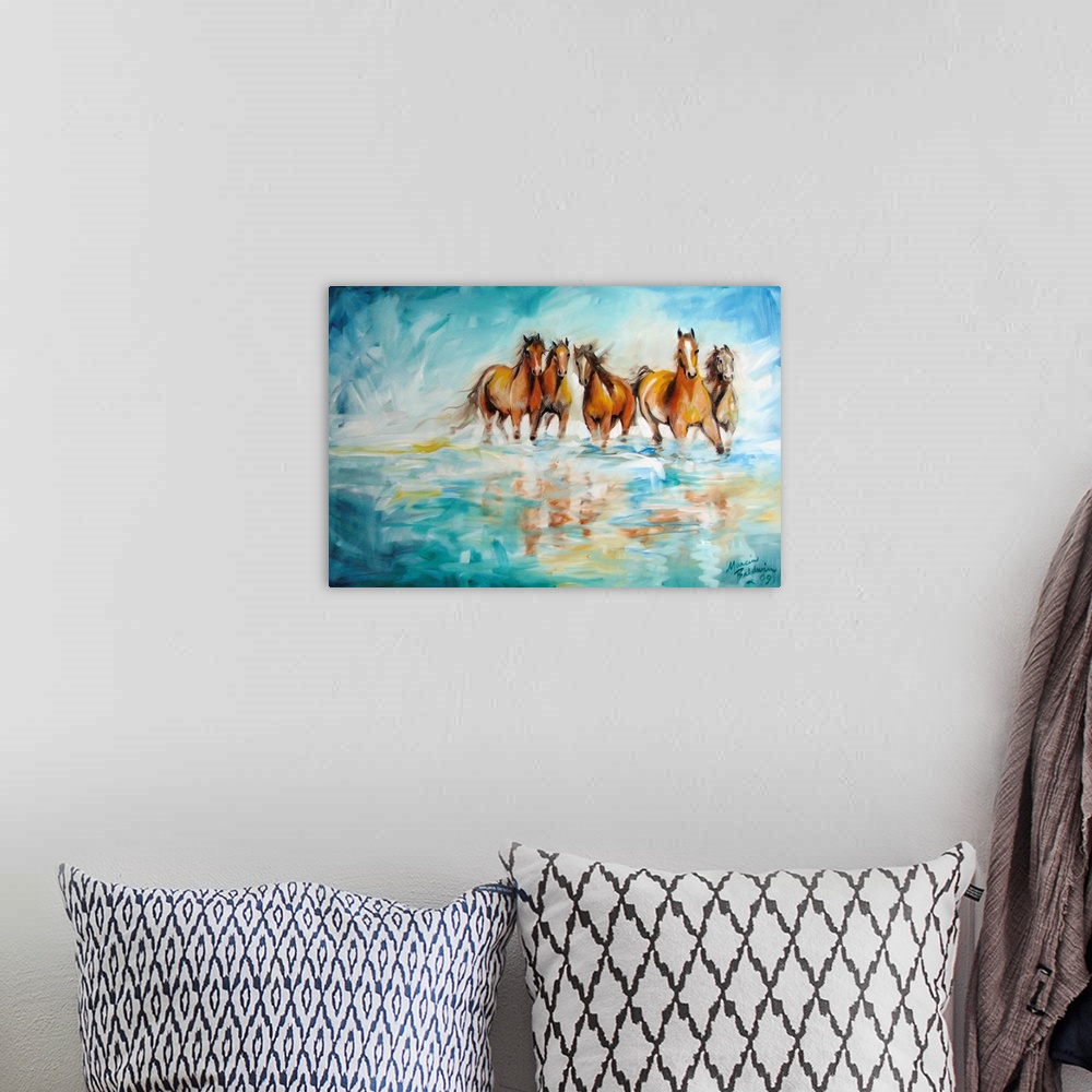 A bohemian room featuring Contemporary painting of five wild horses in a coastal setting and reflecting on to the water.