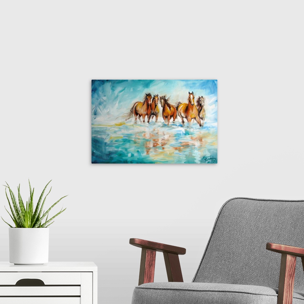 A modern room featuring Contemporary painting of five wild horses in a coastal setting and reflecting on to the water.