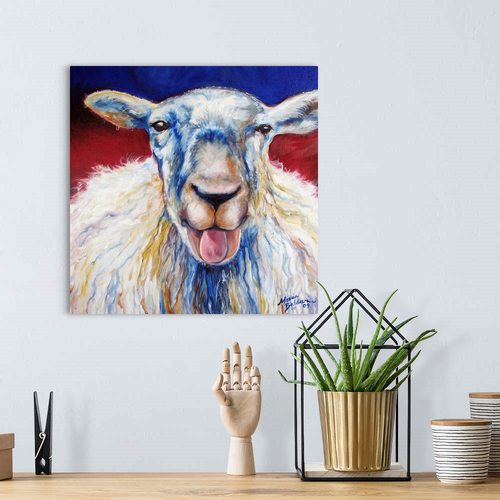 A bohemian room featuring Square painting of a sheep with its mouth open and tongue sticking out and a red and blue backgro...