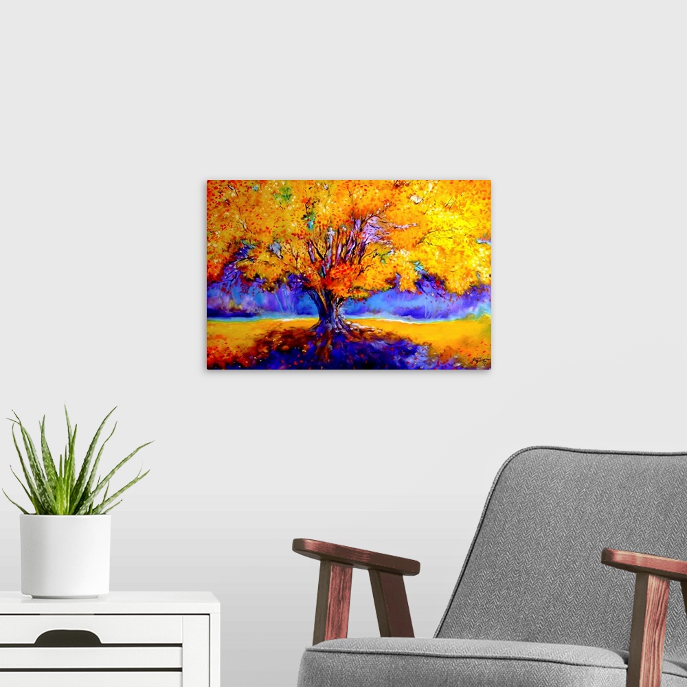 A modern room featuring Painting of an old oak tree in Autumn colors and vibrant shadows.
