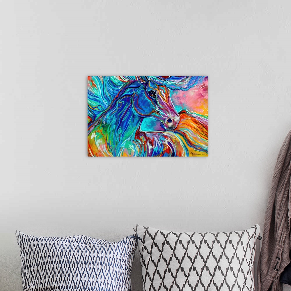 A bohemian room featuring Abstract painting of a horse with its mane and tail flowing around the canvas in vibrant colors/