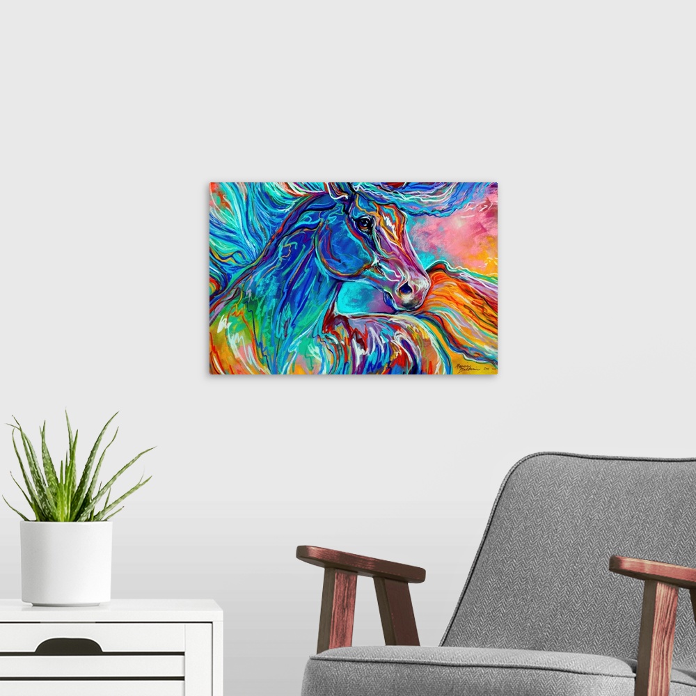 A modern room featuring Abstract painting of a horse with its mane and tail flowing around the canvas in vibrant colors/