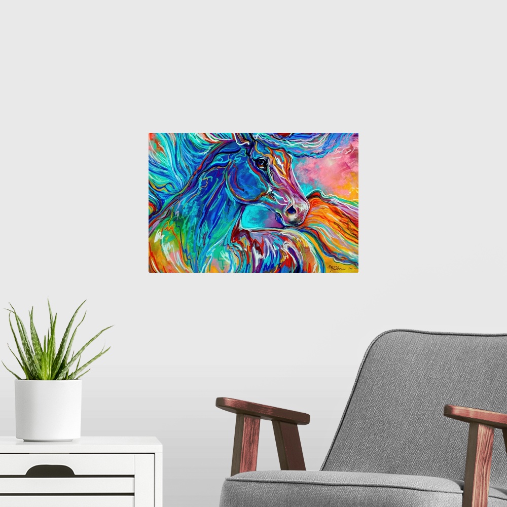 A modern room featuring Abstract painting of a horse with its mane and tail flowing around the canvas in vibrant colors/