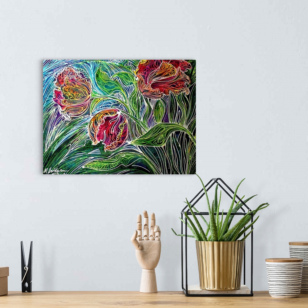 A bohemian room featuring Three blossoms of the parrot tulip captured on canvas using a technique of Batik and watercolor.