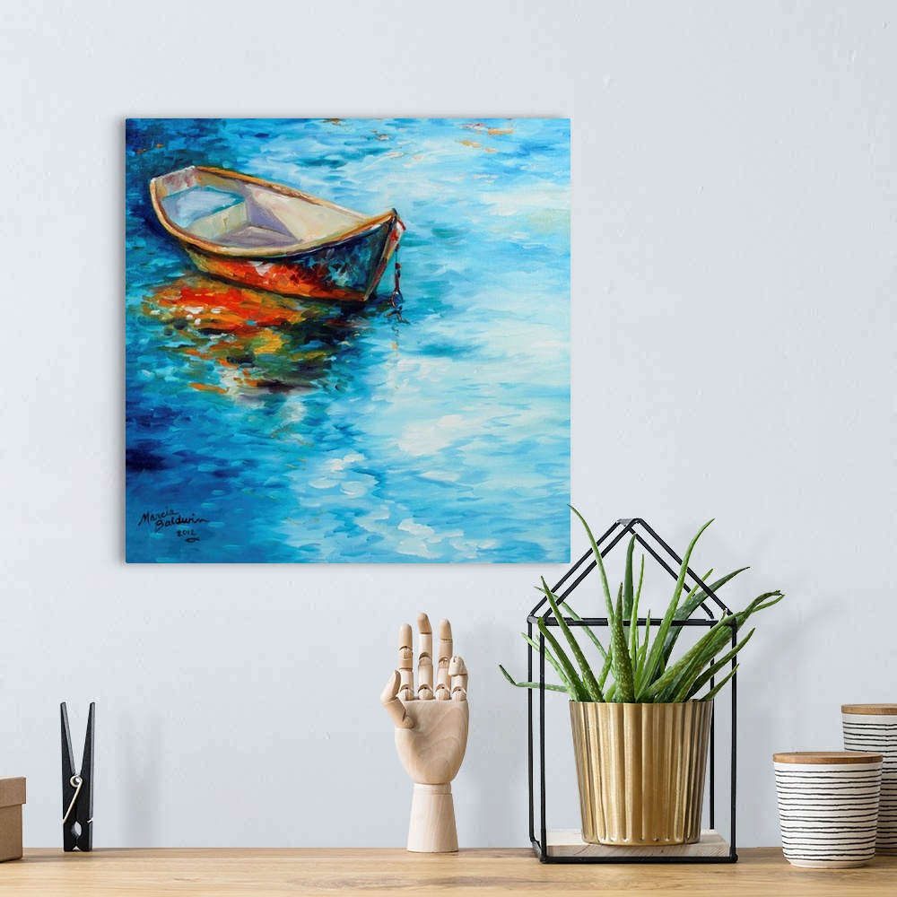 A bohemian room featuring Square painting of a waterscape with a single boat anchored on the side and reflecting into the w...