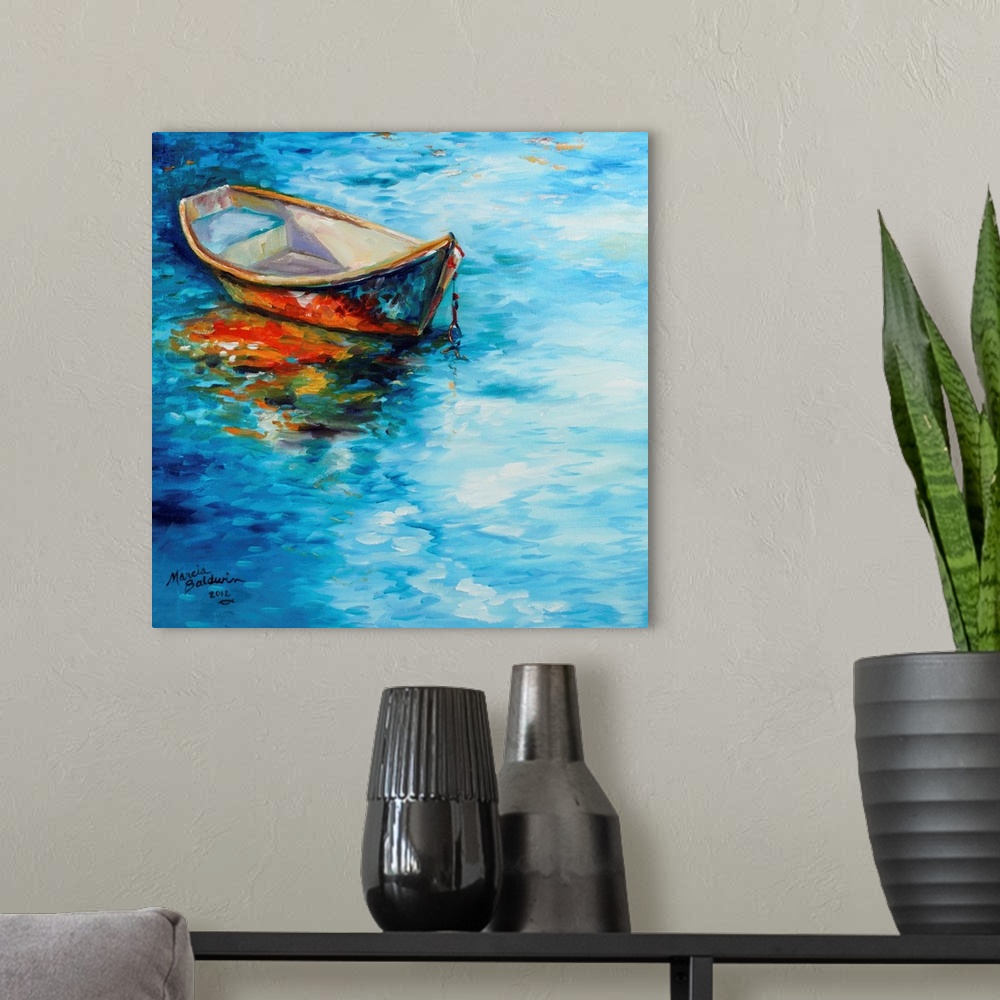 A modern room featuring Square painting of a waterscape with a single boat anchored on the side and reflecting into the w...