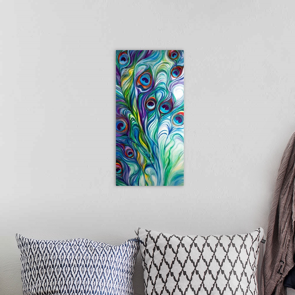 A bohemian room featuring This abstraction of the peacock feathers has dynamic design and exciting color.