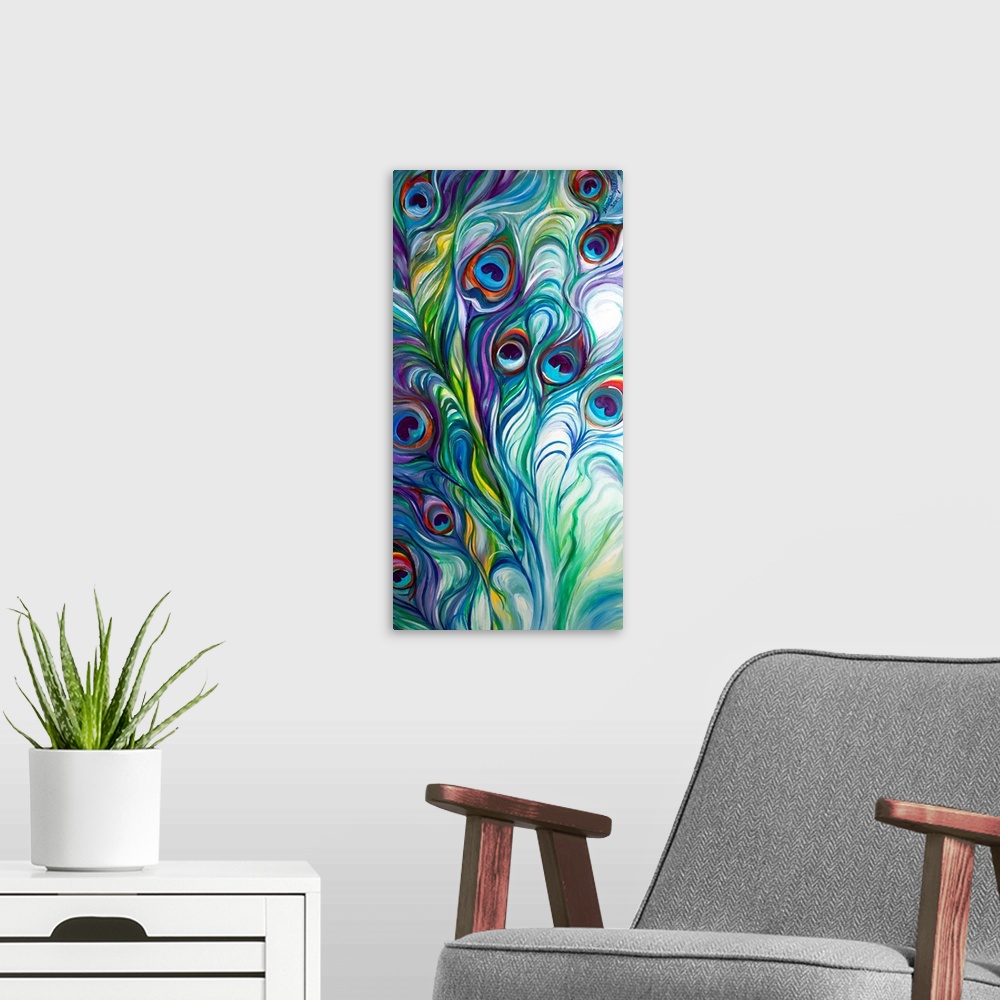A modern room featuring This abstraction of the peacock feathers has dynamic design and exciting color.