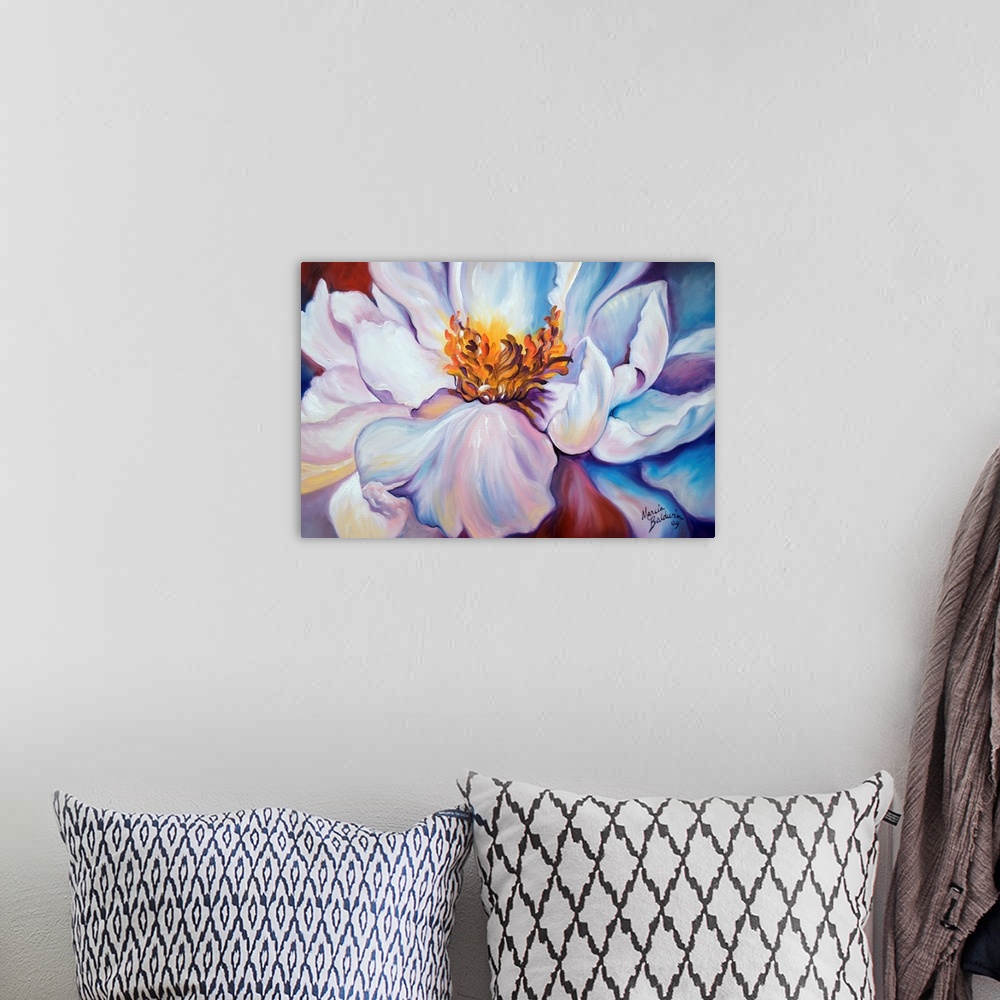 A bohemian room featuring Painting of a close-up view of a peony on a red background.