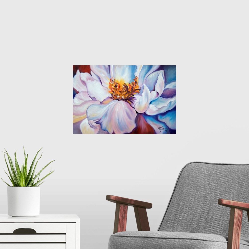 A modern room featuring Painting of a close-up view of a peony on a red background.