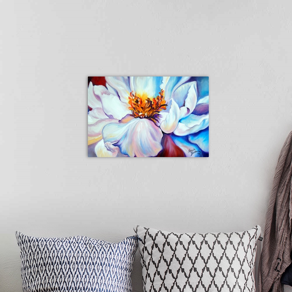 A bohemian room featuring Close up painting of a white peony on a red and blue background.