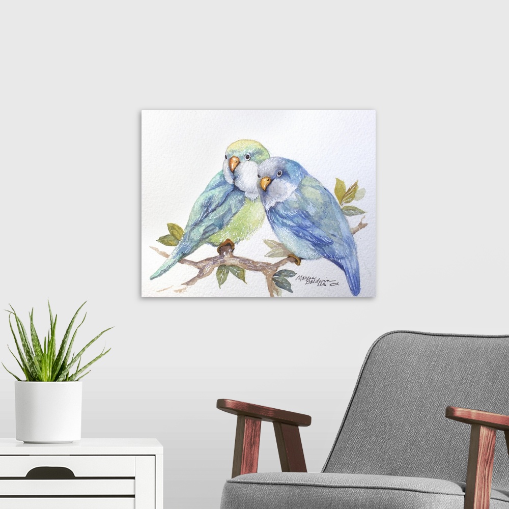 A modern room featuring Watercolor painting of two blue and green toned parakeets perched on a branch with leaves on a wh...