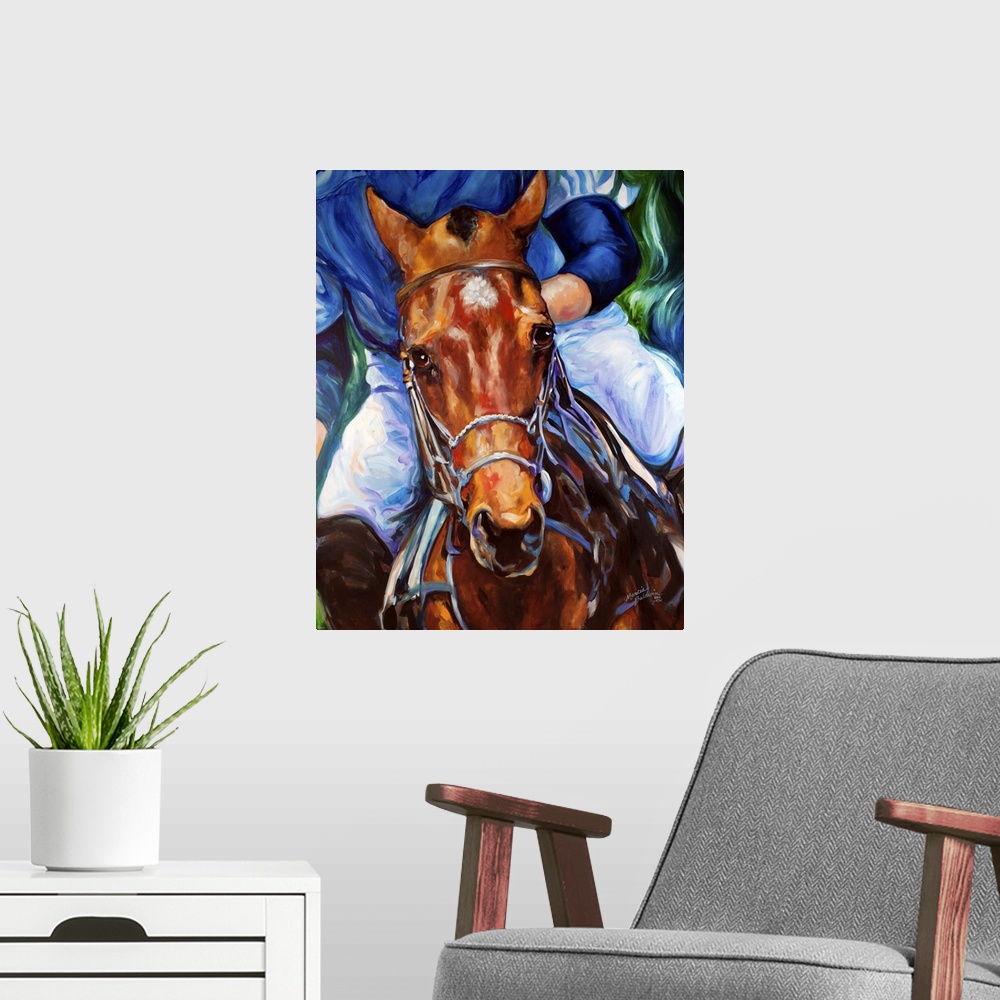 A modern room featuring Contemporary painting of a polo horse in action with a rider in blue on its back.