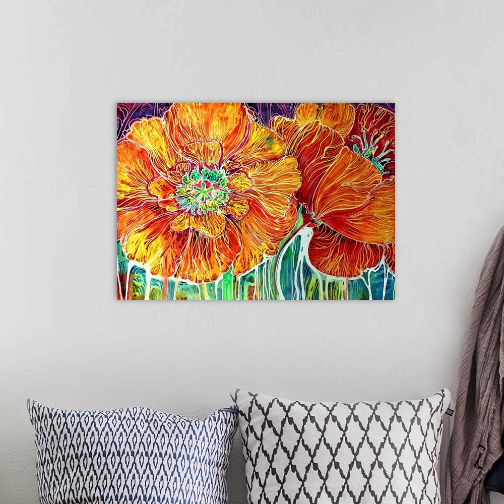 A bohemian room featuring California wild poppies, captured on canvas using the exciting technique of Batik and watercolor.