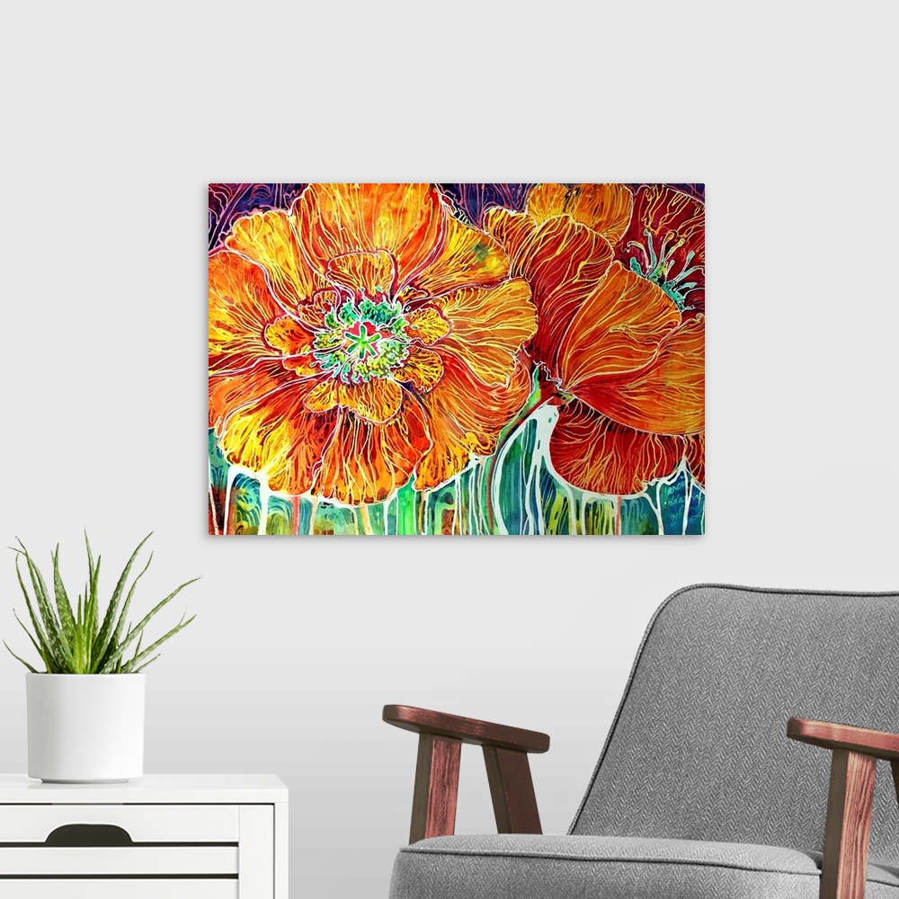 A modern room featuring California wild poppies, captured on canvas using the exciting technique of Batik and watercolor.