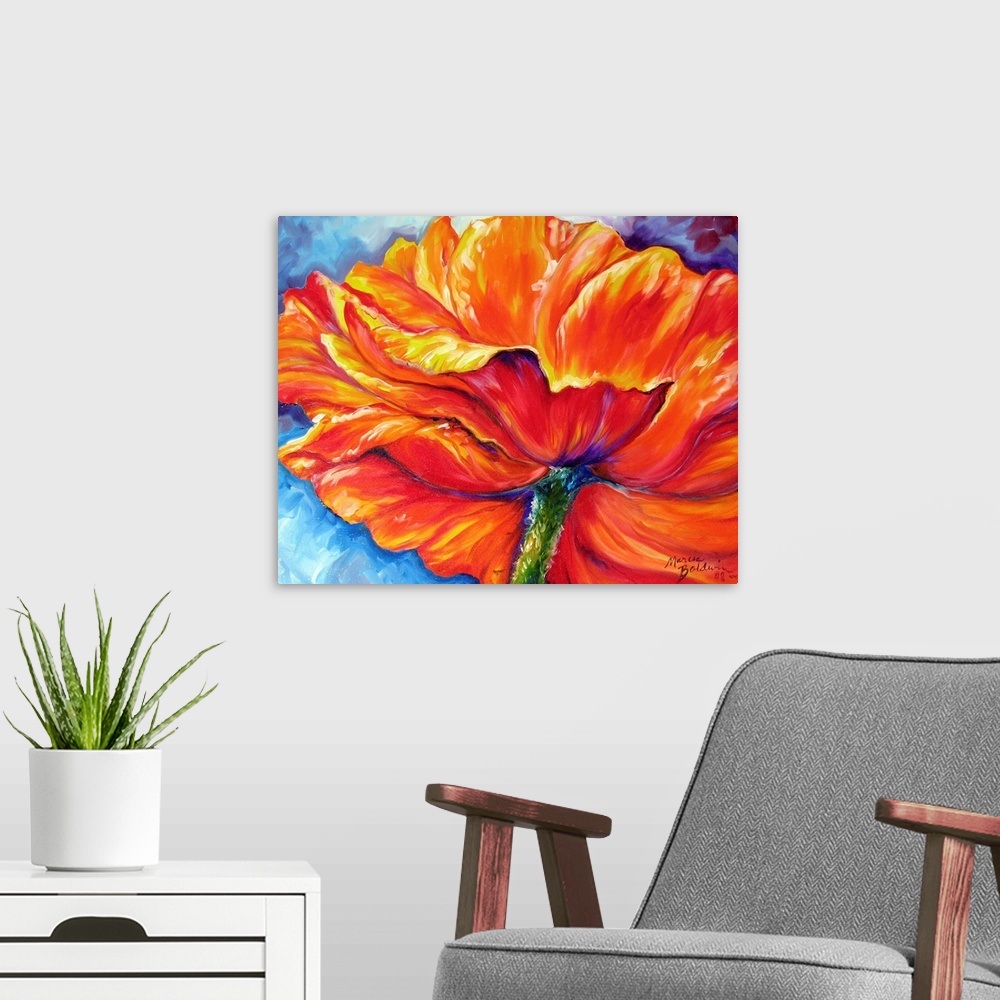A modern room featuring Contemporary painting of an orange, red, and yellow poppy flower on a blue a toned background.