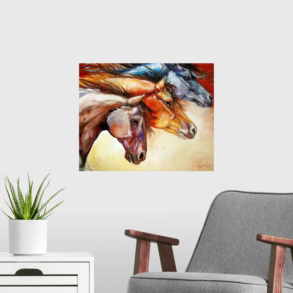 A modern room featuring Contemporary painting of three different colored horses moving together, displaying power and str...